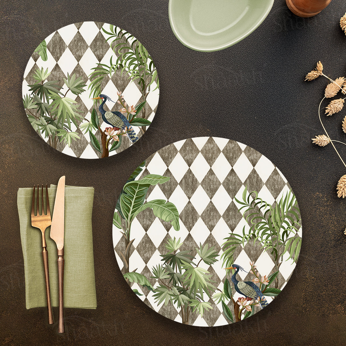 Tropic Jungle on Geometric Design Coordinated Set — abstract design coordinated dining set by Shaakh, handcrafted in India
