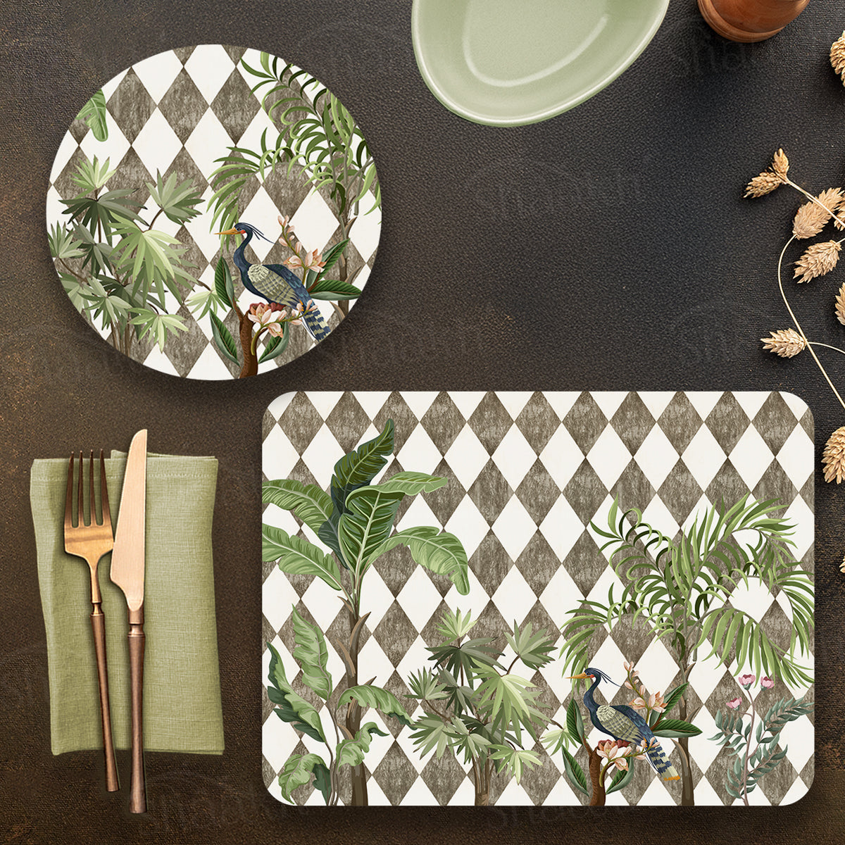 Tropic Jungle on Geometric Design Coordinated Set — abstract design coordinated dining set by Shaakh, handcrafted in India