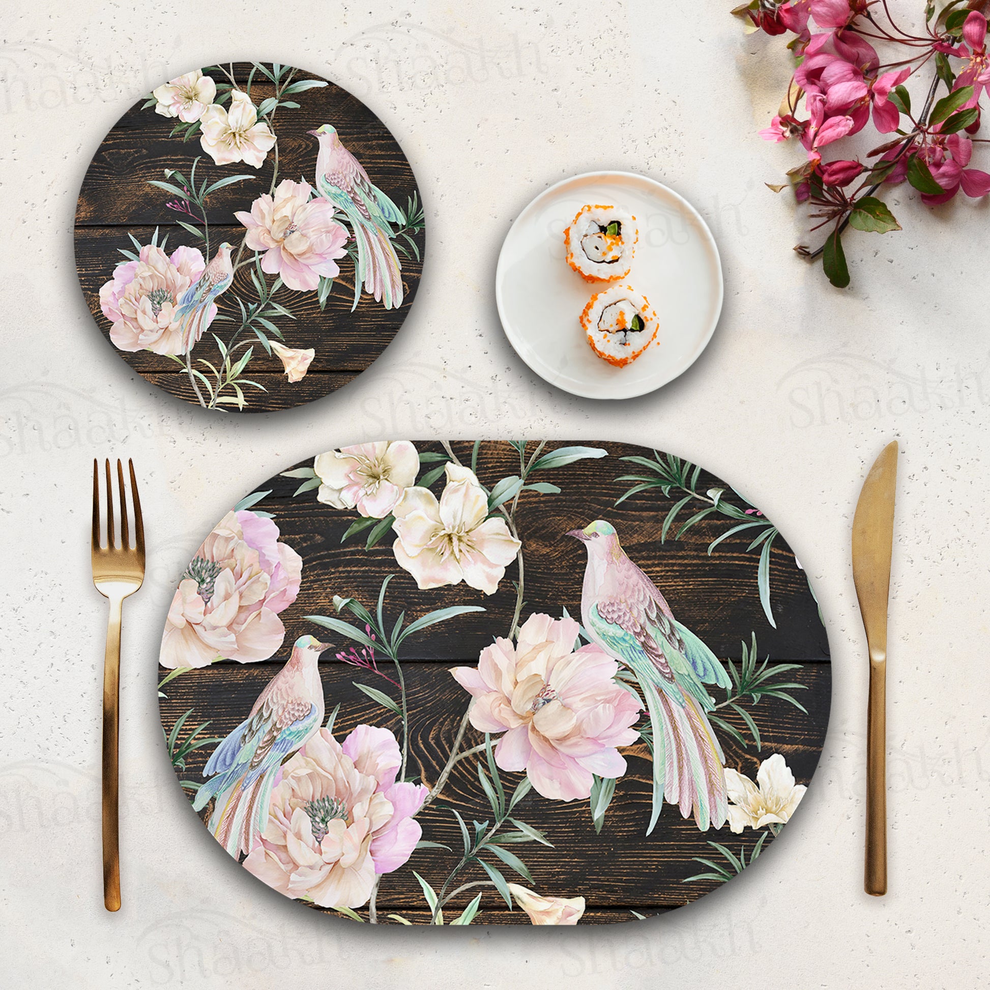 Exotic Birds and Flowers Coordinated Set — coordinated dining set by Shaakh, handcrafted in India
