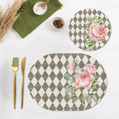 Pink Roses (Ash Grey) Coordinated Set | TWC 014 (8 Mats, 4 Trivets)