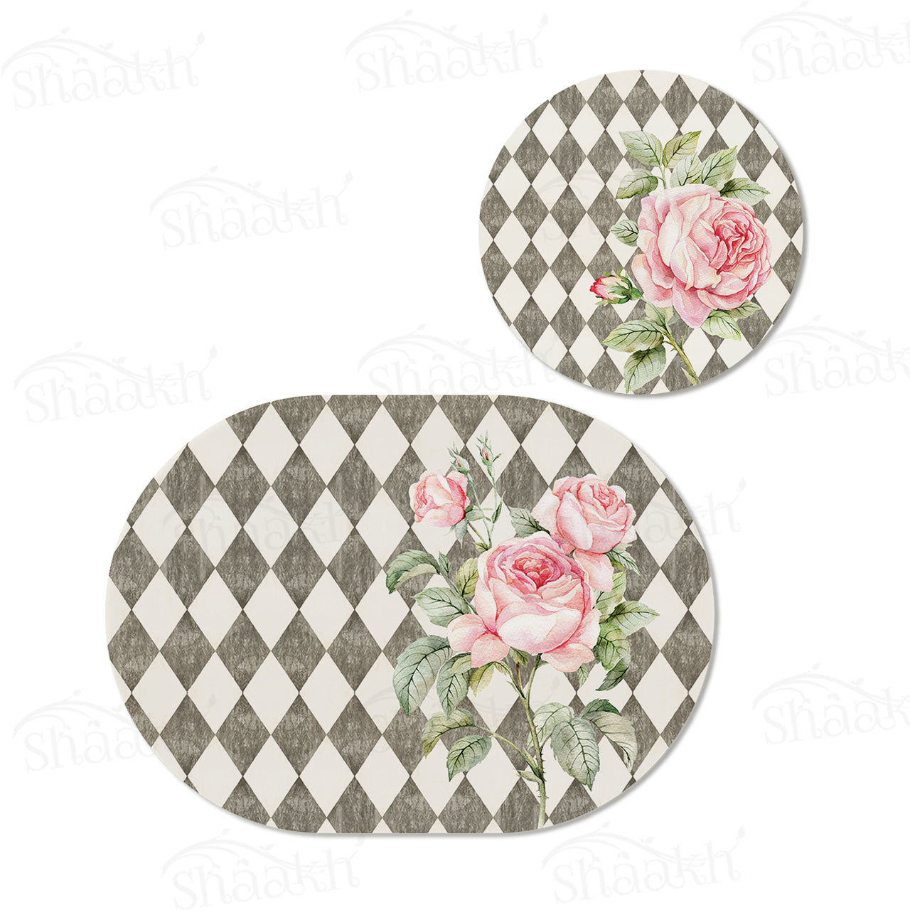 Pink Roses (Ash Grey) Coordinated Set | TWC 014 (8 Mats, 4 Trivets)
