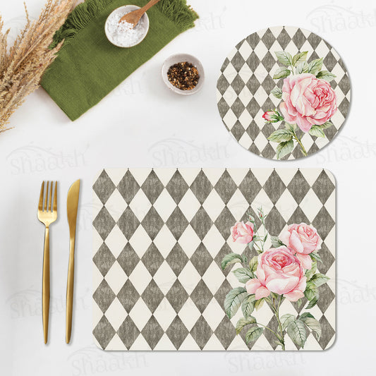 Pink Roses (Ash Grey) Coordinated Set | TWC 014 (8 Mats, 4 Trivets)