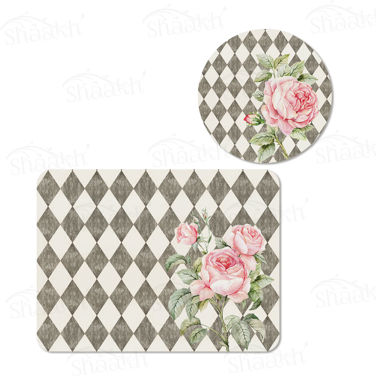 Pink Roses (Ash Grey) Coordinated Set | TWC 014 (8 Mats, 4 Trivets)