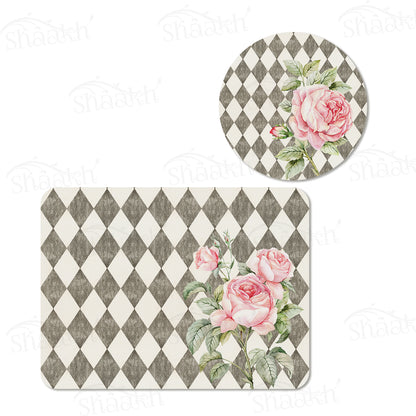 Pink Roses (Ash Grey) Coordinated Set | TWC 014 (8 Mats, 4 Trivets)