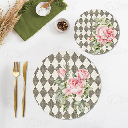 Pink Roses (Ash Grey) Coordinated Set | TWC 014 (8 Mats, 4 Trivets)