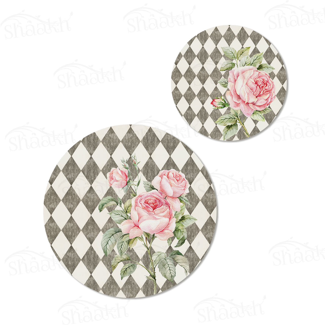 Pink Roses (Ash Grey) Coordinated Set | TWC 014 (8 Mats, 4 Trivets)