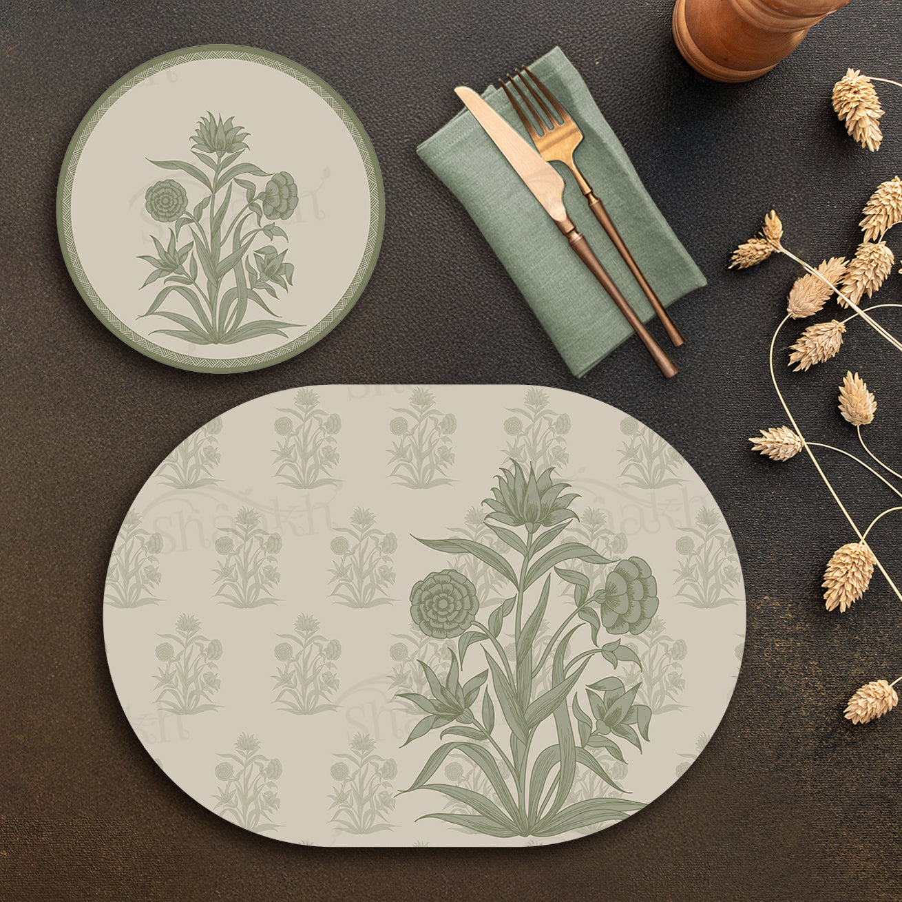 Firdaus (Sage) Coordinated Set | TWC 018 (8 Mats, 4 Trivets)