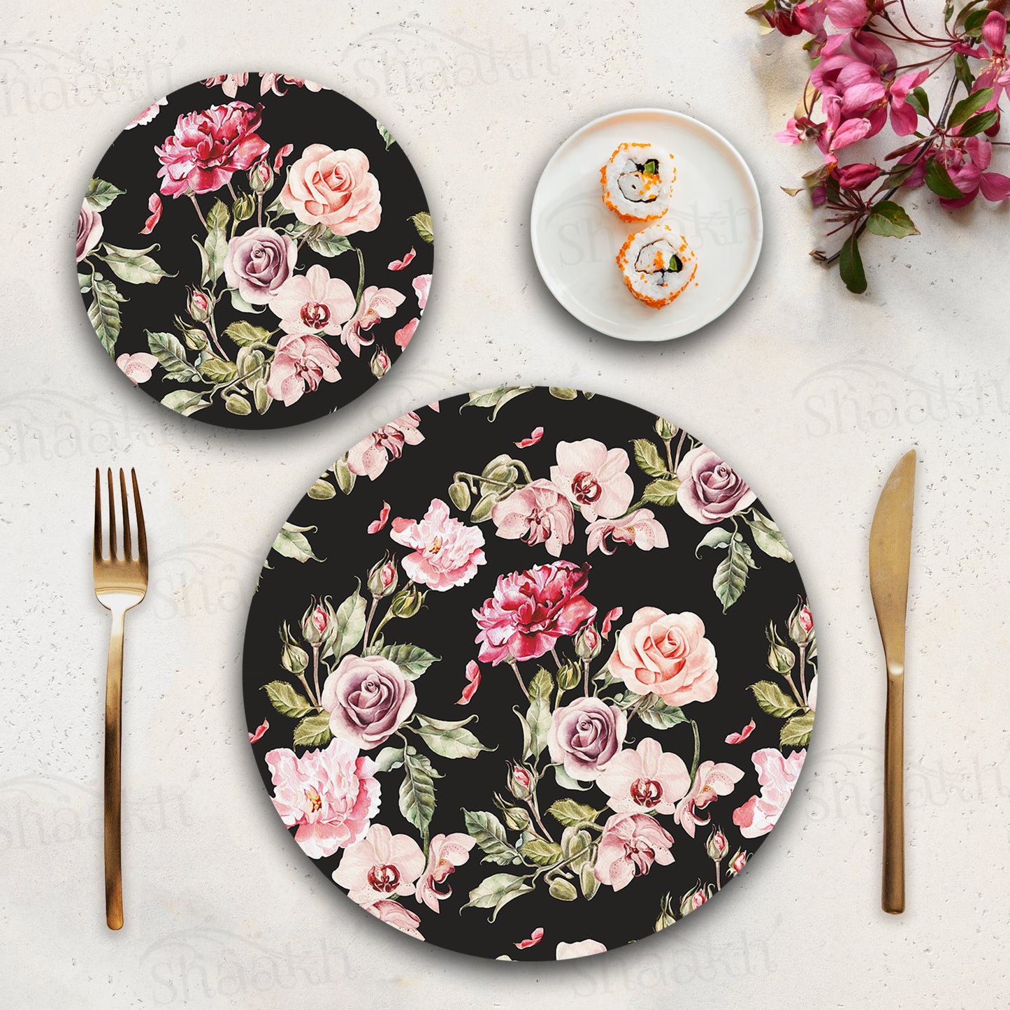 Orchid, Roses and Peony Flowers Coordinated Set — coordinated dining set by Shaakh, handcrafted in India