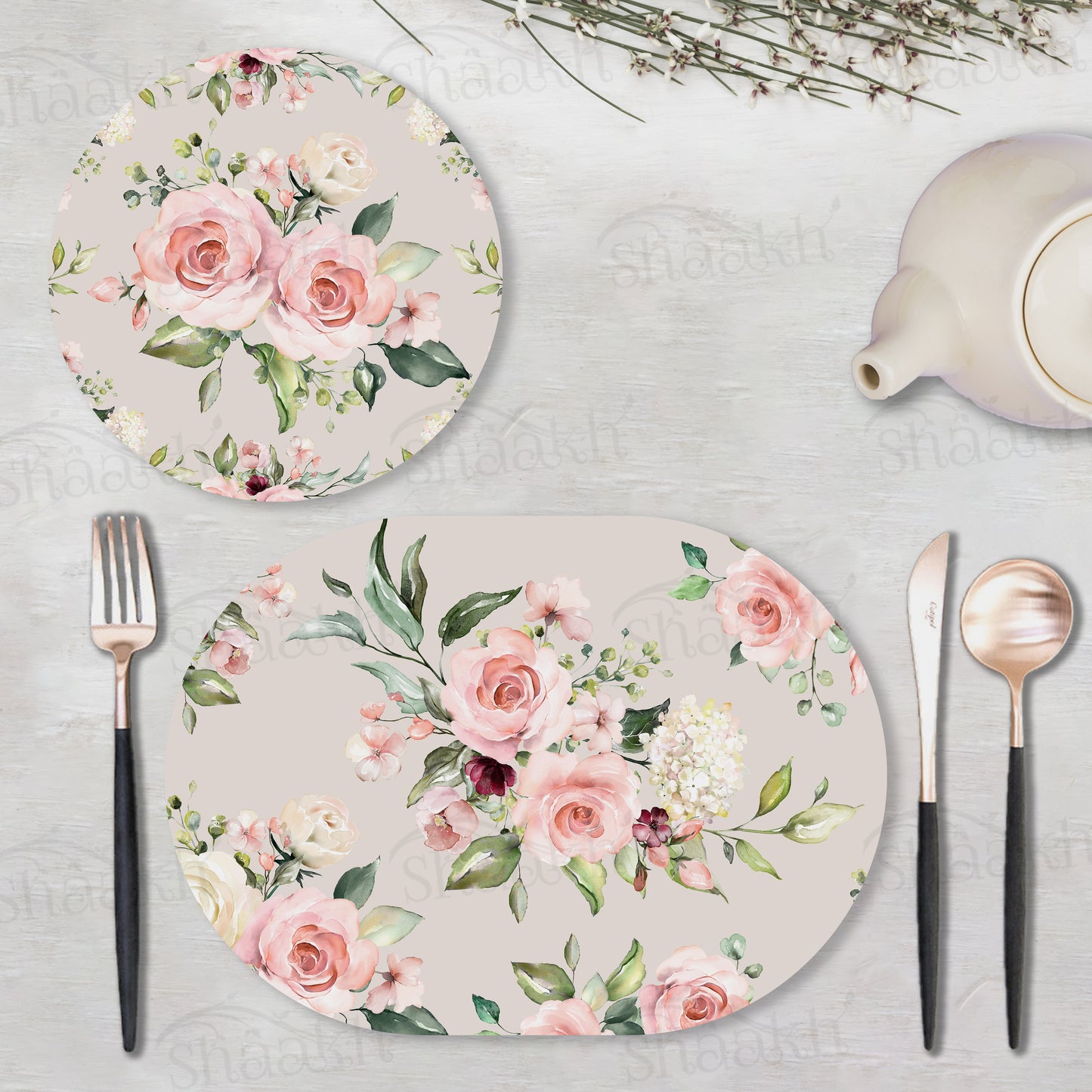 Watercolor Roses Bunch Coordinated Set | TWC 021 (8 Mats, 4 Trivets)