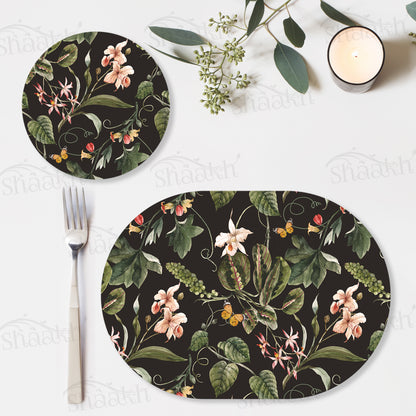 Exotic Tropical Orchids (Black) Coordinated Set — botanical design coordinated dining set by Shaakh, handcrafted in India