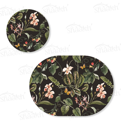 Exotic Tropical Orchids (Black) Coordinated Set — botanical design coordinated dining set by Shaakh, handcrafted in India