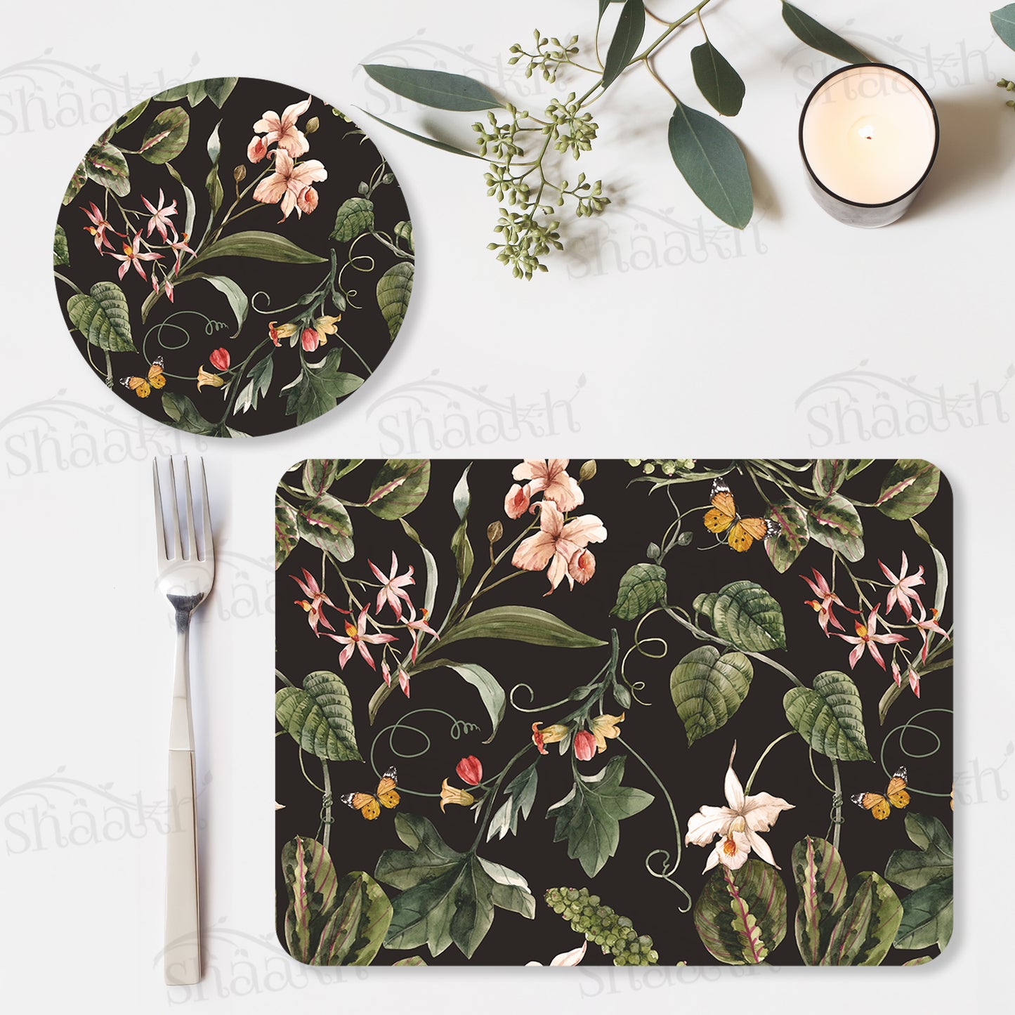 Exotic Tropical Orchids (Black) Coordinated Set — botanical design coordinated dining set by Shaakh, handcrafted in India