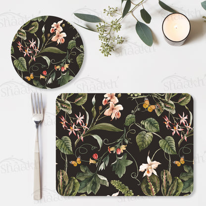 Exotic Tropical Orchids (Black) Coordinated Set — botanical design coordinated dining set by Shaakh, handcrafted in India