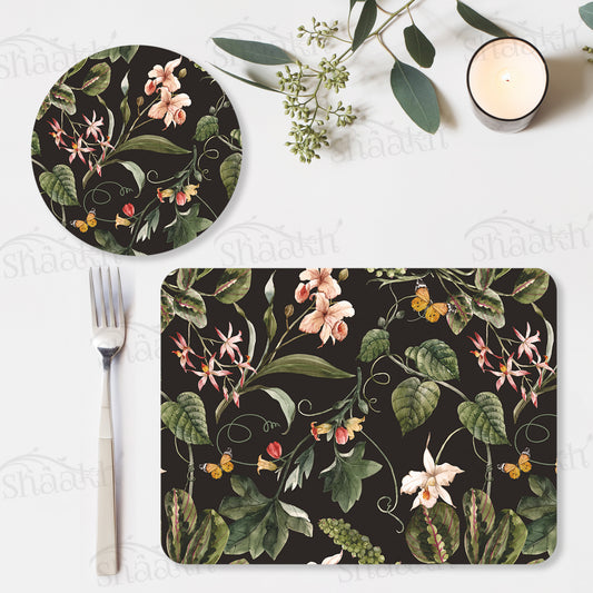 Exotic Tropical Orchids (Black) Coordinated Set — botanical design coordinated dining set by Shaakh, handcrafted in India