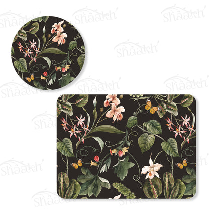 Exotic Tropical Orchids (Black) Coordinated Set — botanical design coordinated dining set by Shaakh, handcrafted in India