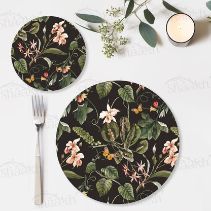 Exotic Tropical Orchids (Black) Coordinated Set — botanical design coordinated dining set by Shaakh, handcrafted in India