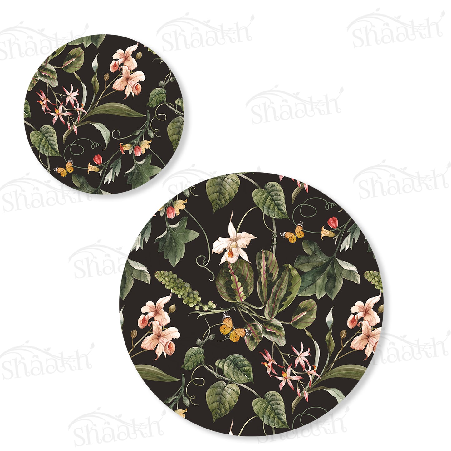 Exotic Tropical Orchids (Black) Coordinated Set — botanical design coordinated dining set by Shaakh, handcrafted in India