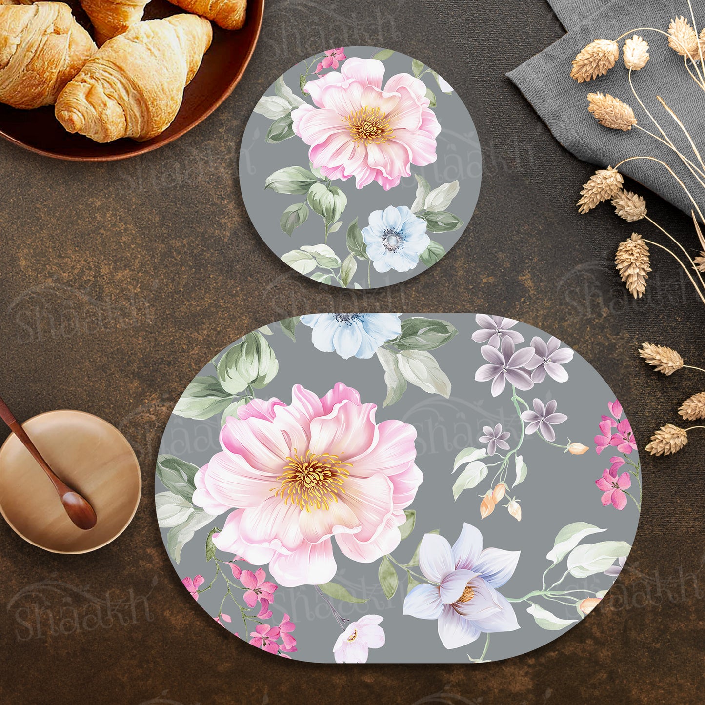 Watercolor Flowers, Leaves and Buds Coordinated Set — botanical design coordinated dining set by Shaakh, handcrafted in India