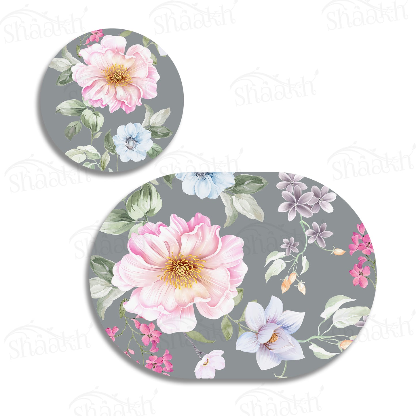 Watercolor Flowers, Leaves and Buds Coordinated Set — botanical design coordinated dining set by Shaakh, handcrafted in India