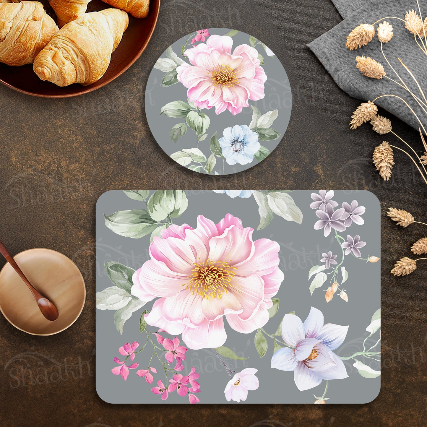 Watercolor Flowers, Leaves and Buds Coordinated Set — botanical design coordinated dining set by Shaakh, handcrafted in India