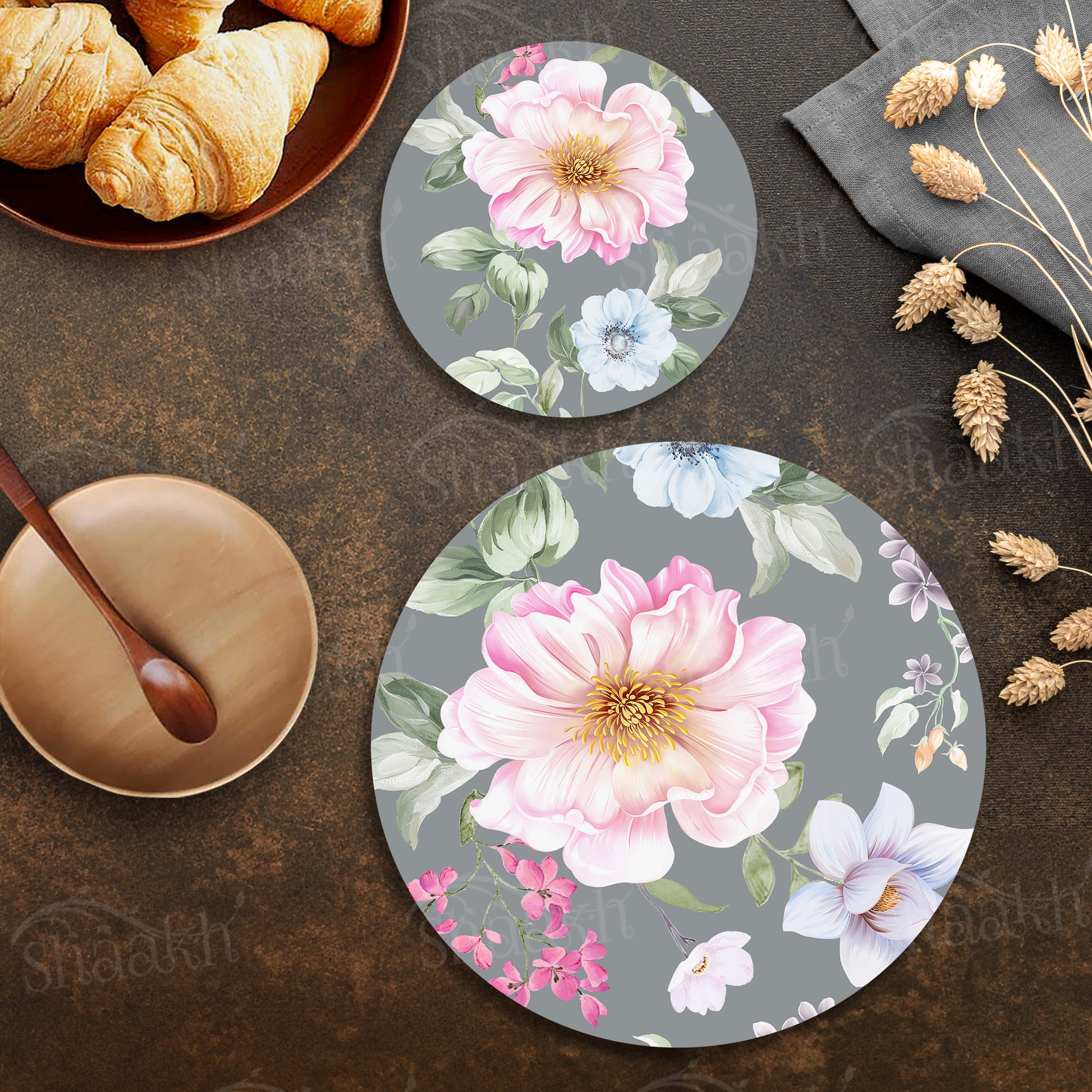 Watercolor Flowers, Leaves and Buds Coordinated Set — botanical design coordinated dining set by Shaakh, handcrafted in India