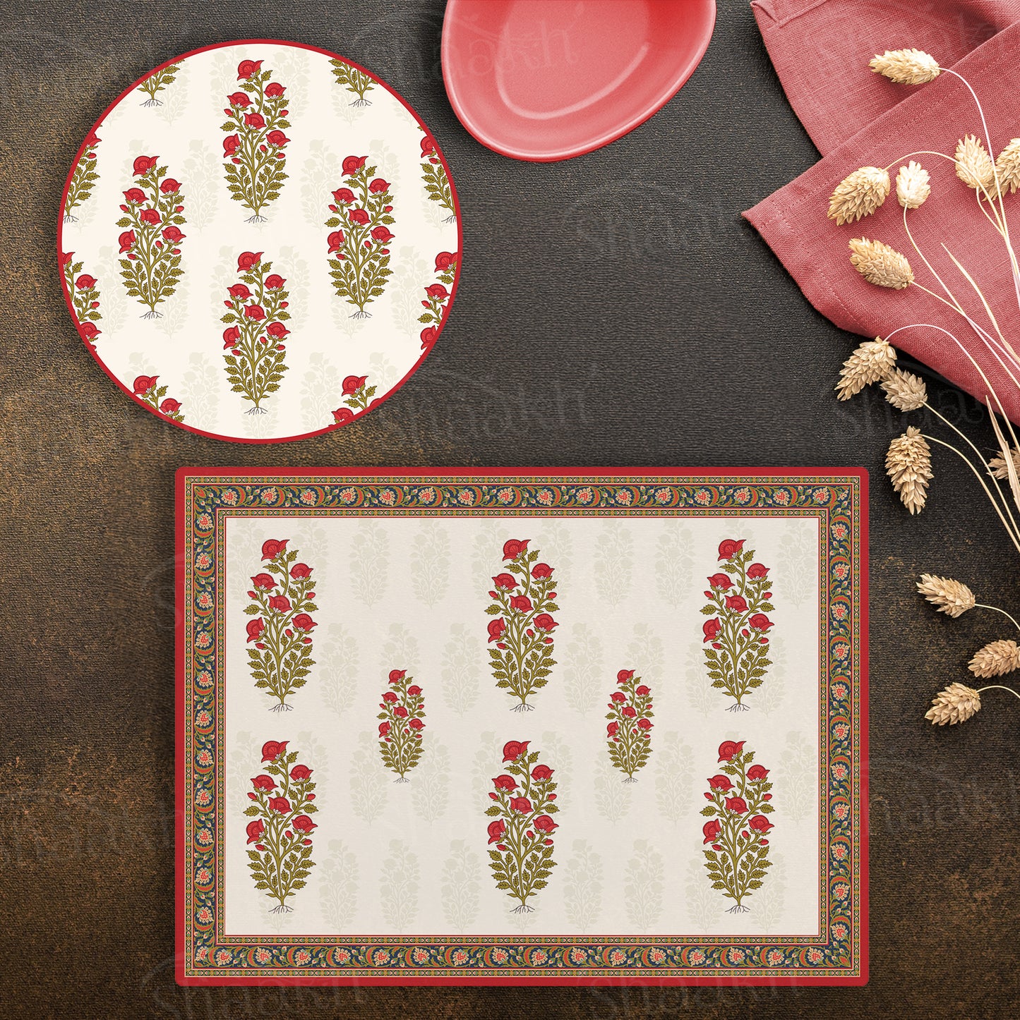 Mughal Motifs with Ethnic Border Coordinated Set | TWC 027 (8 Mats, 4 Trivets)