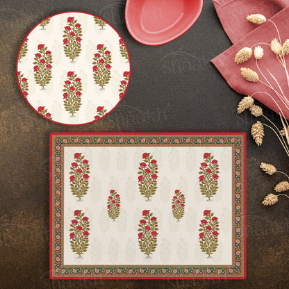 Mughal Motifs with Ethnic Border Coordinated Set | TWC 027 (8 Mats, 4 Trivets)