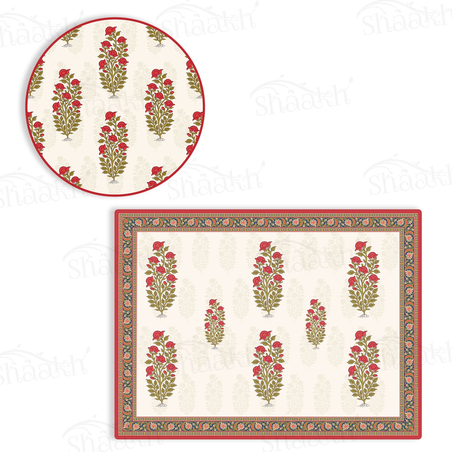Mughal Motifs with Ethnic Border Coordinated Set | TWC 027 (8 Mats, 4 Trivets)