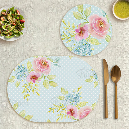 Flowers Bunch on Dotted Background Coordinated Set | TWC 028 (8 Mats, 4 Trivets)