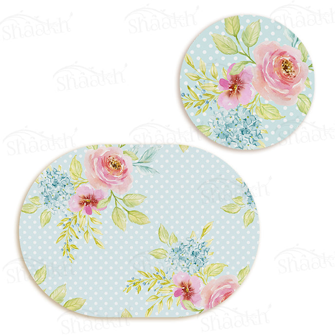 Flowers Bunch on Dotted Background Coordinated Set | TWC 028 (8 Mats, 4 Trivets)