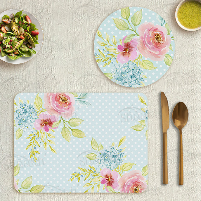 Flowers Bunch on Dotted Background Coordinated Set | TWC 028 (8 Mats, 4 Trivets)