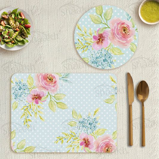 Flowers Bunch on Dotted Background Coordinated Set | TWC 028 (8 Mats, 4 Trivets)