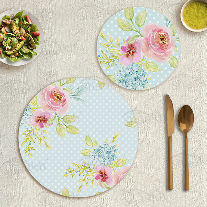 Flowers Bunch on Dotted Background Coordinated Set | TWC 028 (8 Mats, 4 Trivets)