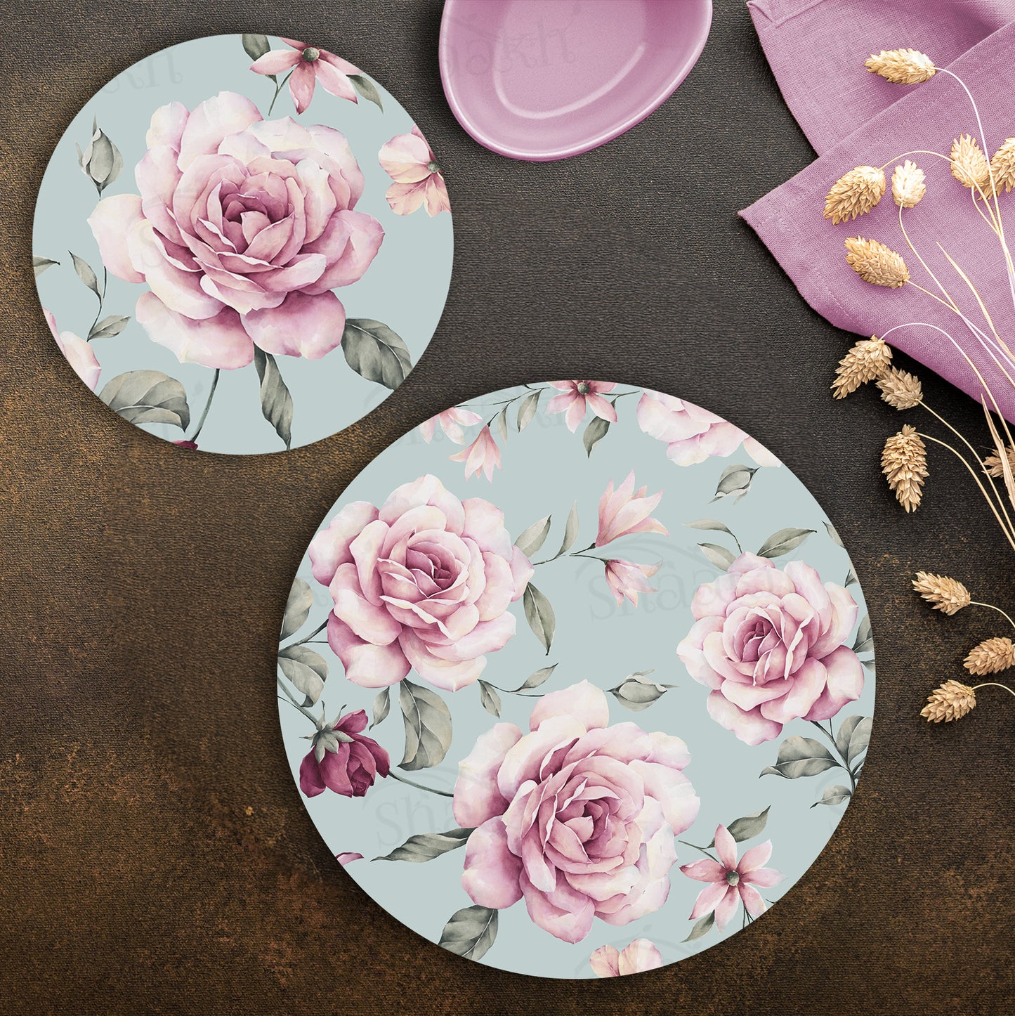 Pale Pink Roses Coordinated Set | TWC 030 (8 Mats, 4 Trivets)