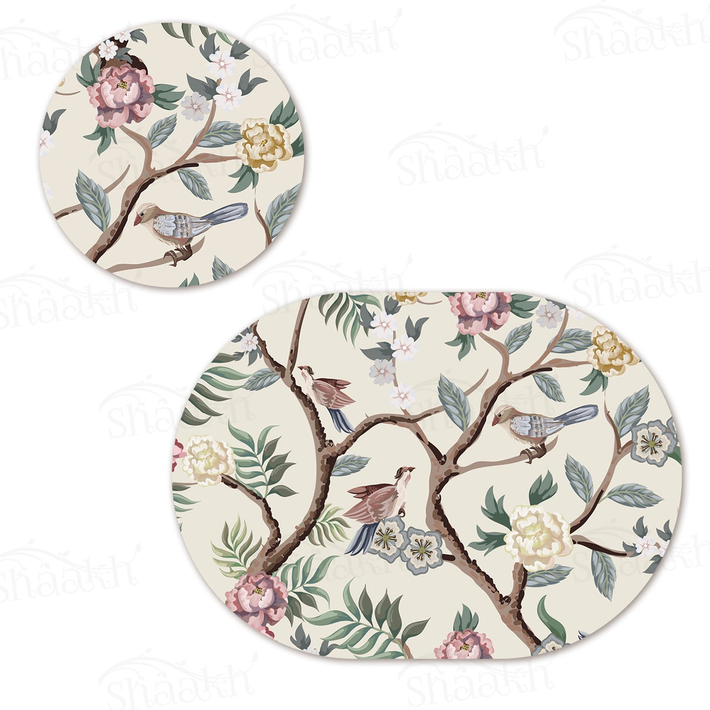 Oriental Birds and Flowers Coordinated Set | TWC 046 (8 Mats, 4 Trivets)