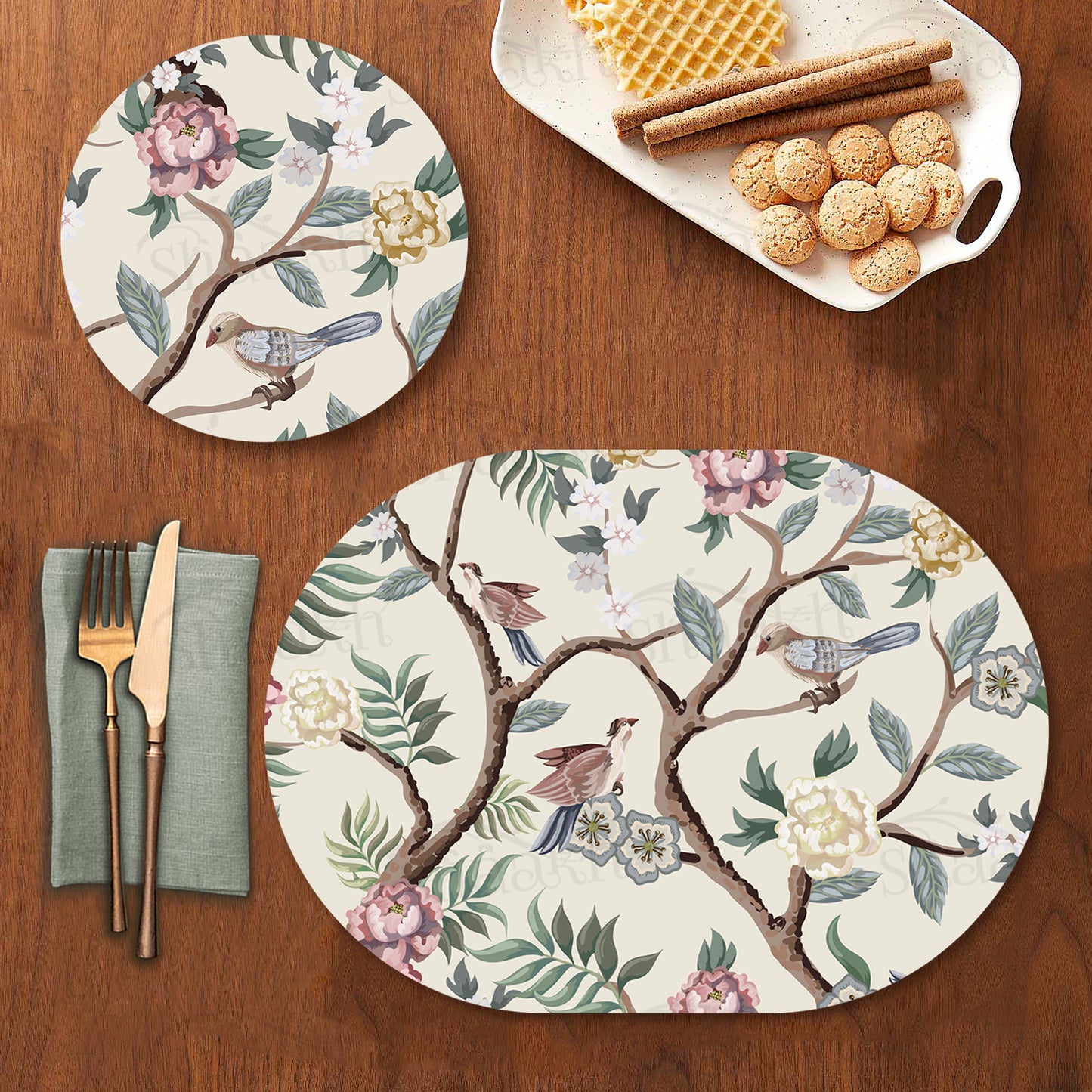 Oriental Birds and Flowers Coordinated Set | TWC 046 (8 Mats, 4 Trivets)