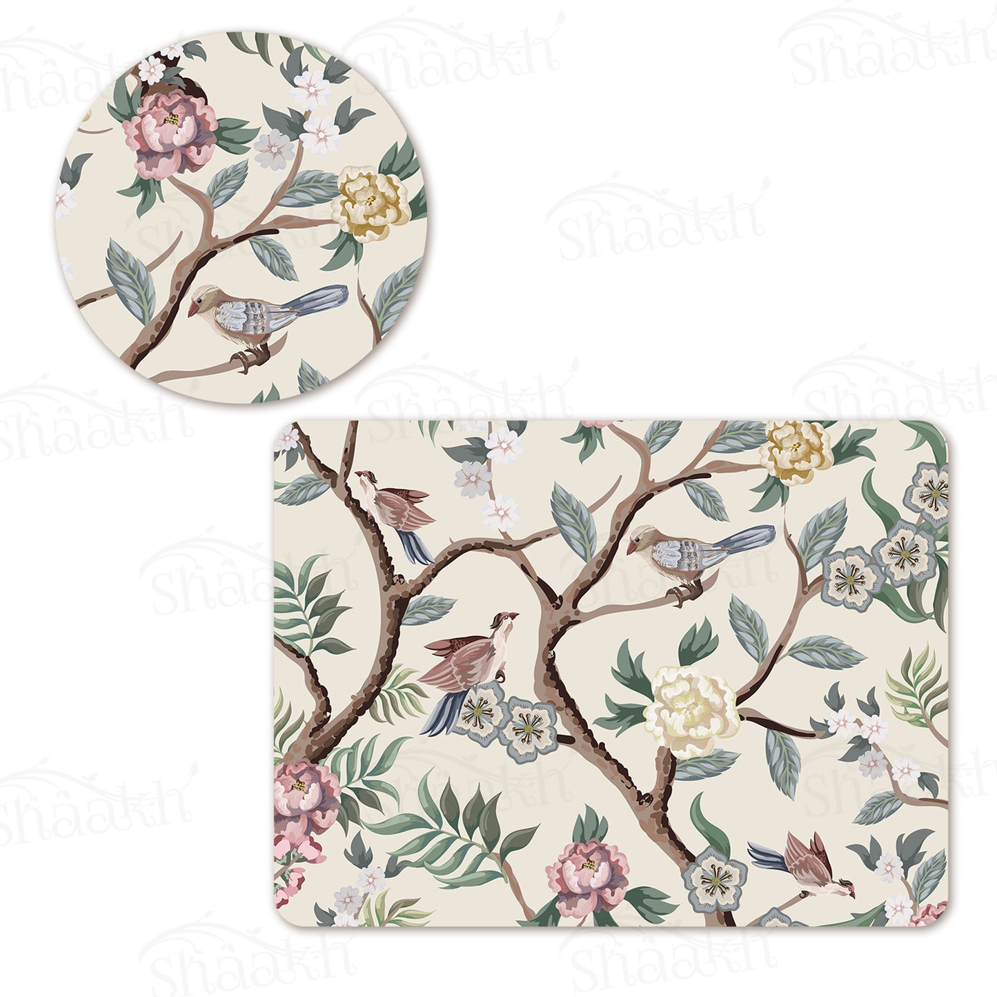 Oriental Birds and Flowers Coordinated Set | TWC 046 (8 Mats, 4 Trivets)