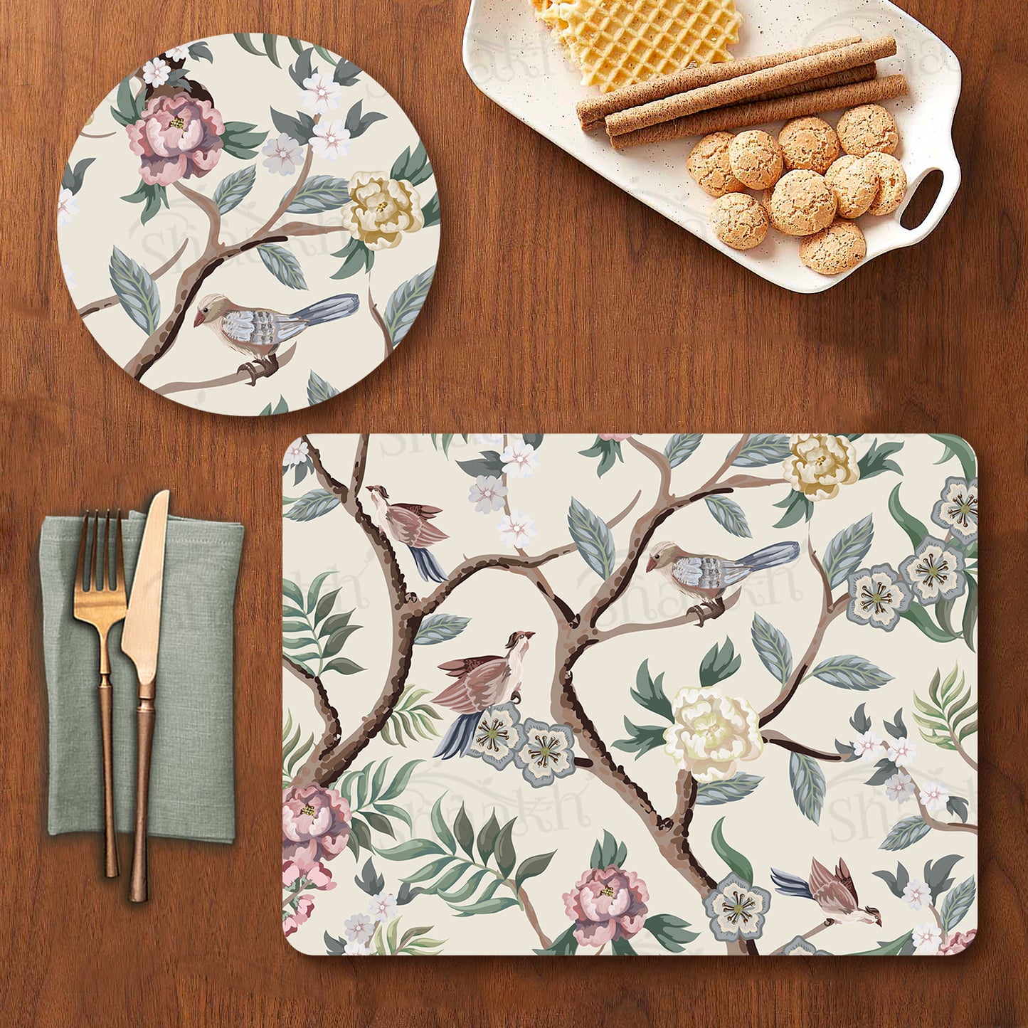 Oriental Birds and Flowers Coordinated Set | TWC 046 (8 Mats, 4 Trivets)