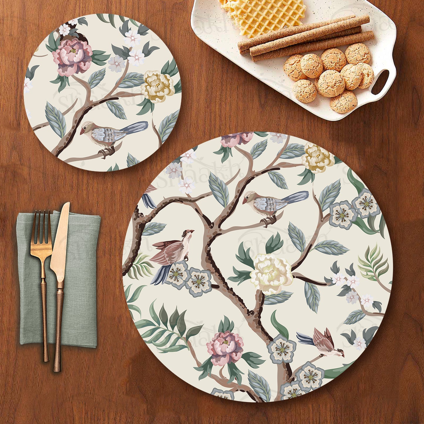 Oriental Birds and Flowers Coordinated Set | TWC 046 (8 Mats, 4 Trivets)