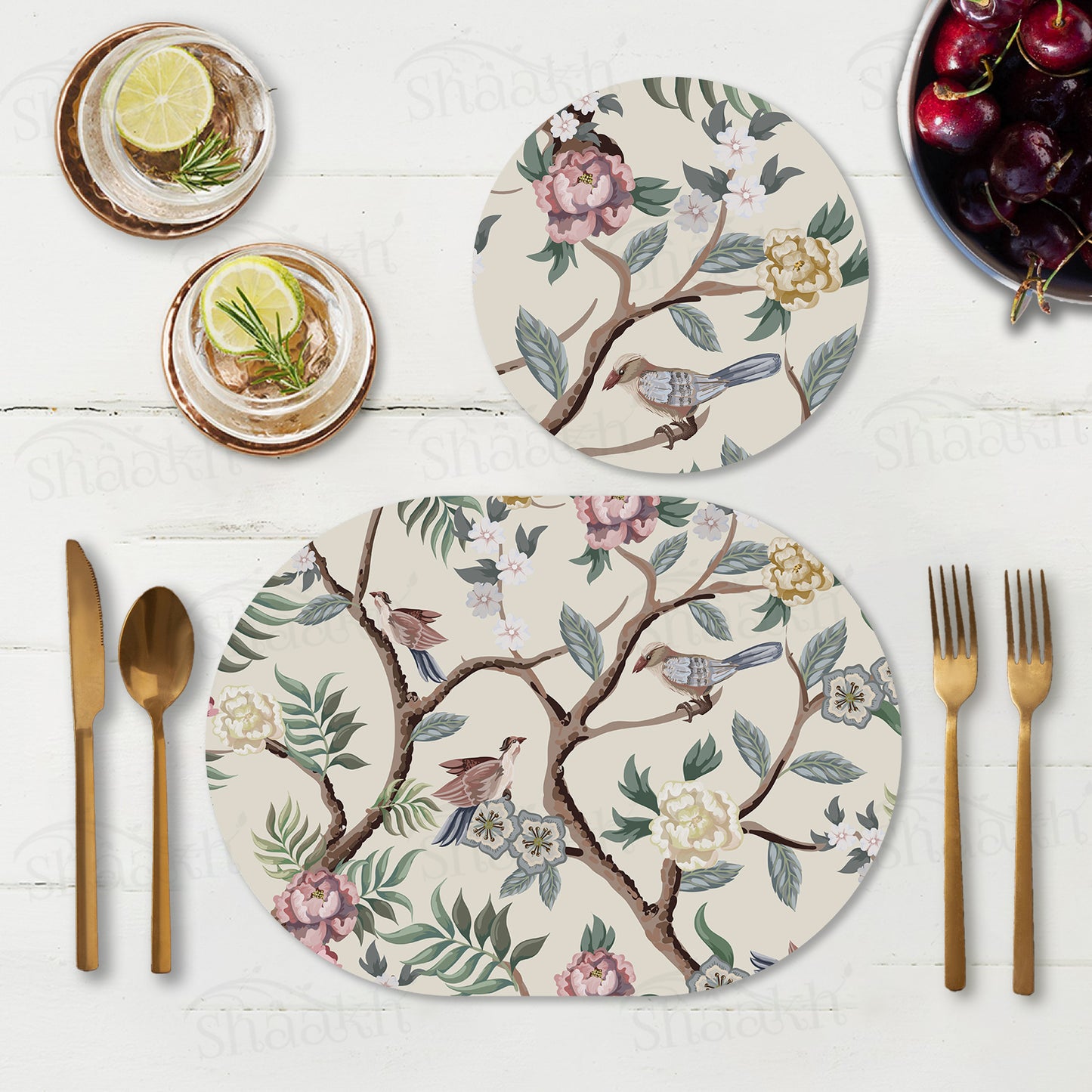 Oriental Birds and Flowers Coordinated Set | TWC 046 (8 Mats, 4 Trivets)