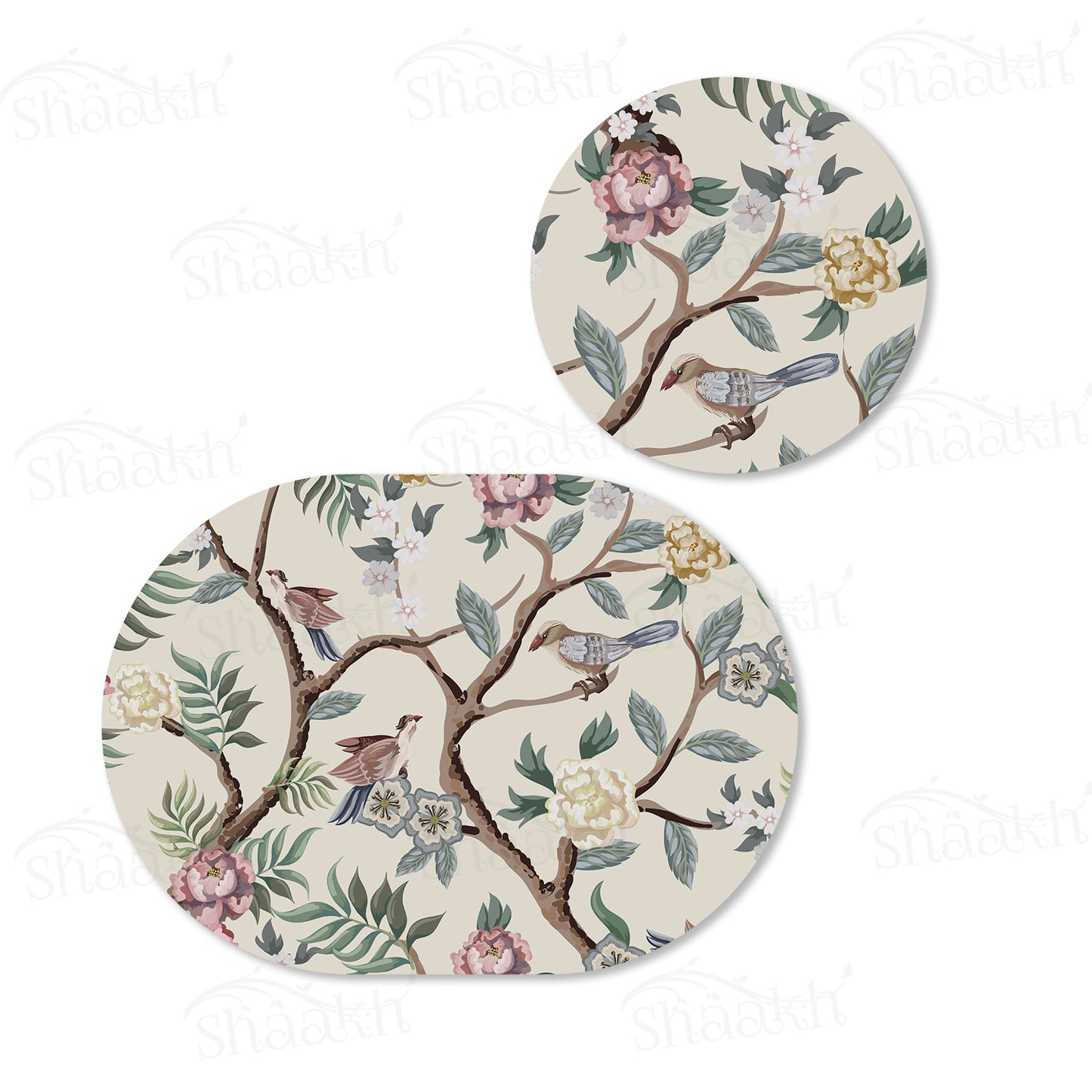 Oriental Birds and Flowers Coordinated Set | TWC 046 (8 Mats, 4 Trivets)