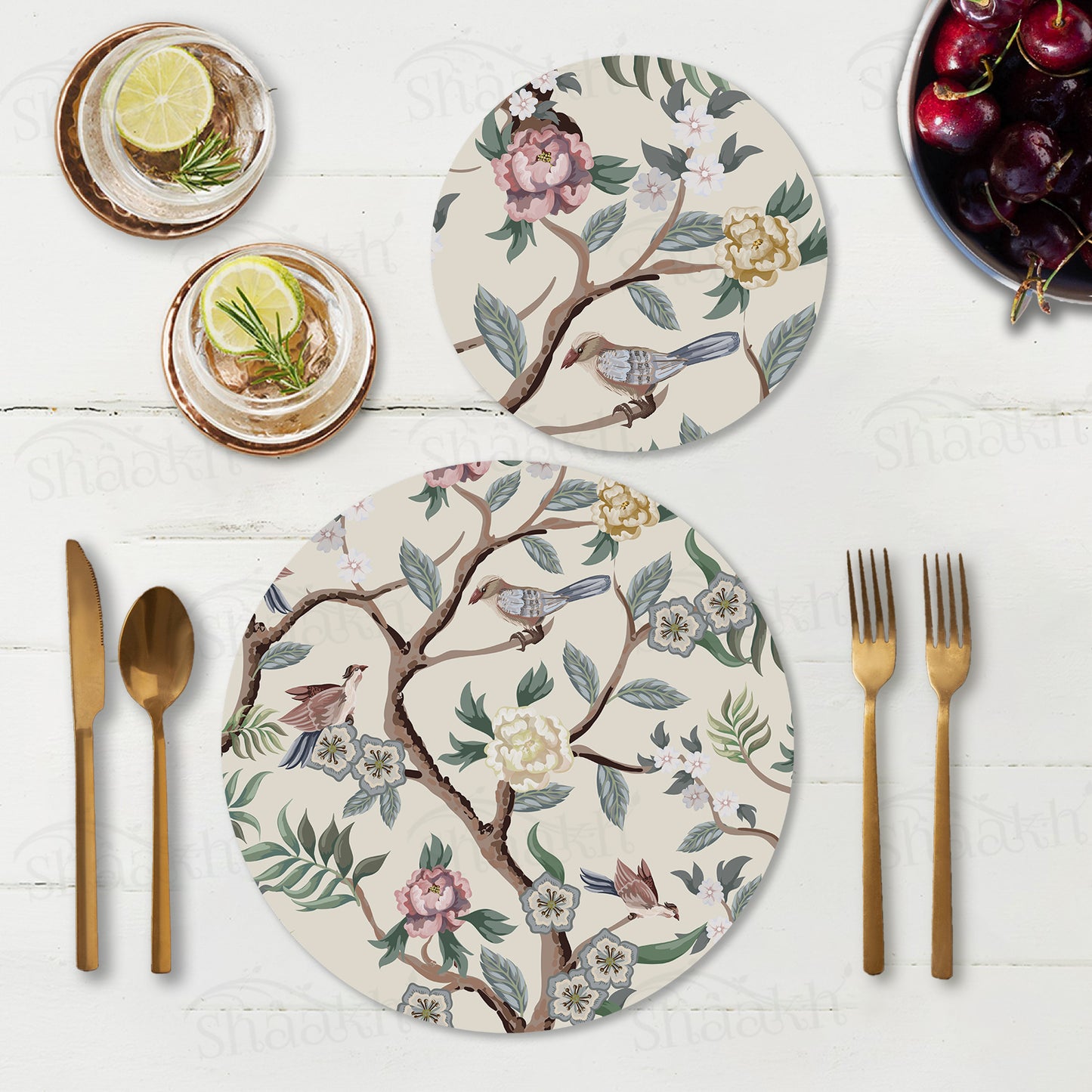 Oriental Birds and Flowers Coordinated Set | TWC 046 (8 Mats, 4 Trivets)
