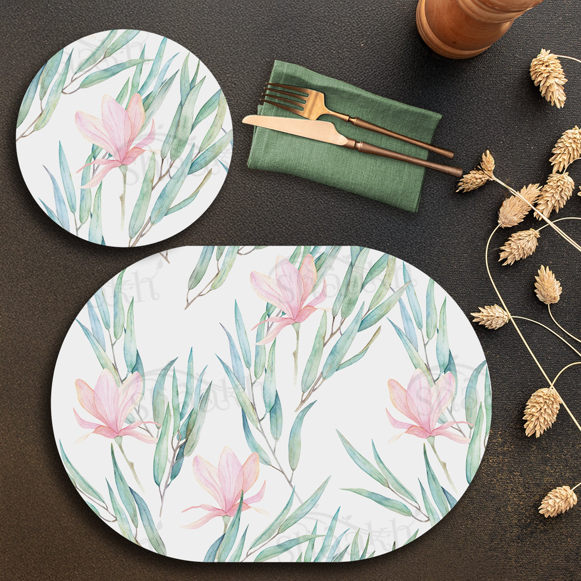 Jasmine Flowers and Eucalyptus Coordinated Set — coordinated dining set by Shaakh, handcrafted in India