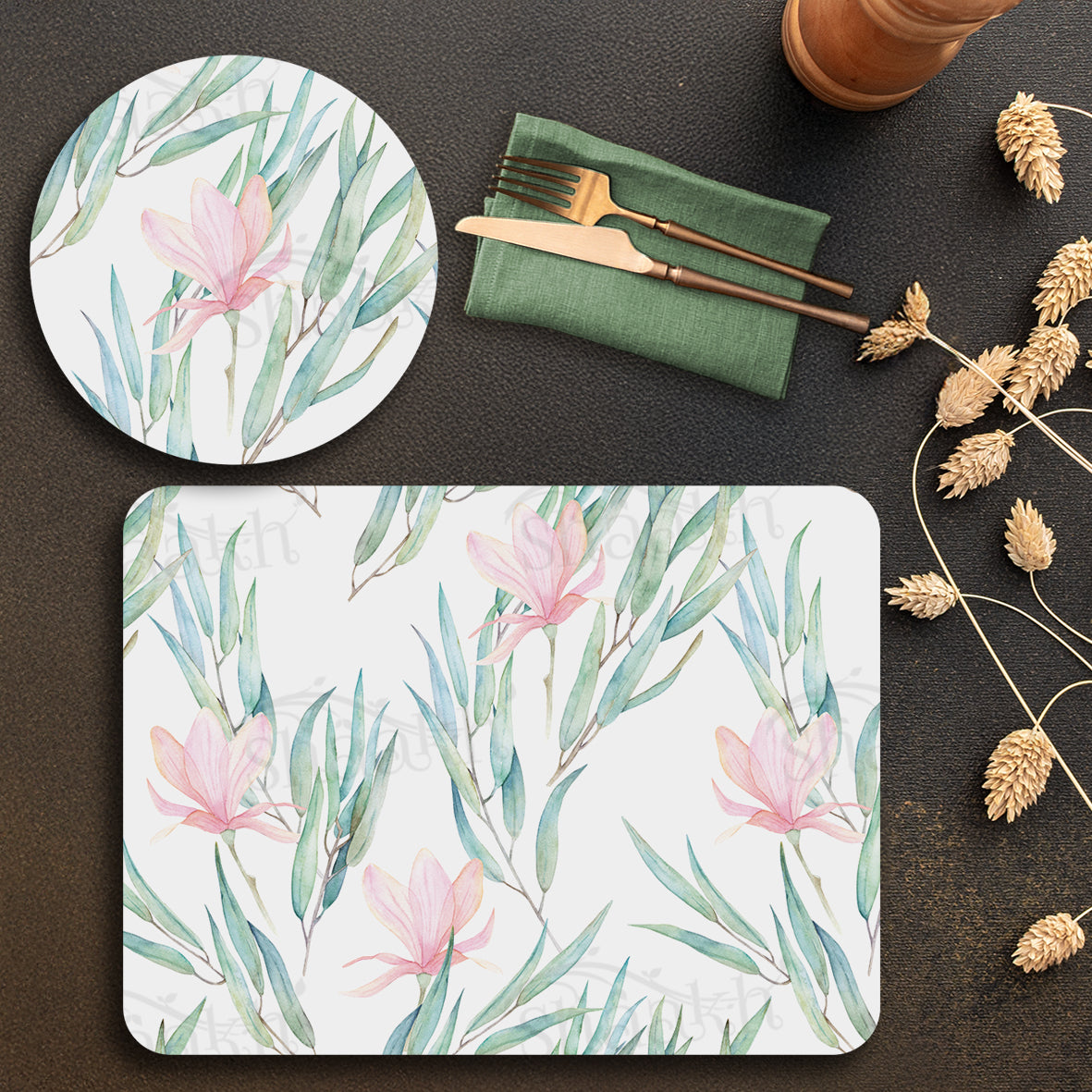 Jasmine Flowers and Eucalyptus Coordinated Set — coordinated dining set by Shaakh, handcrafted in India