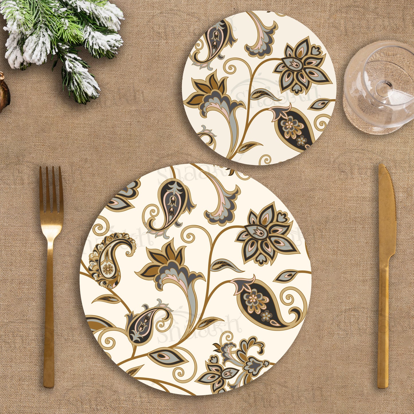 Arabic Ornamental Flowers Coordinated Set | TWC 049 (8 Mats, 4 Trivets)