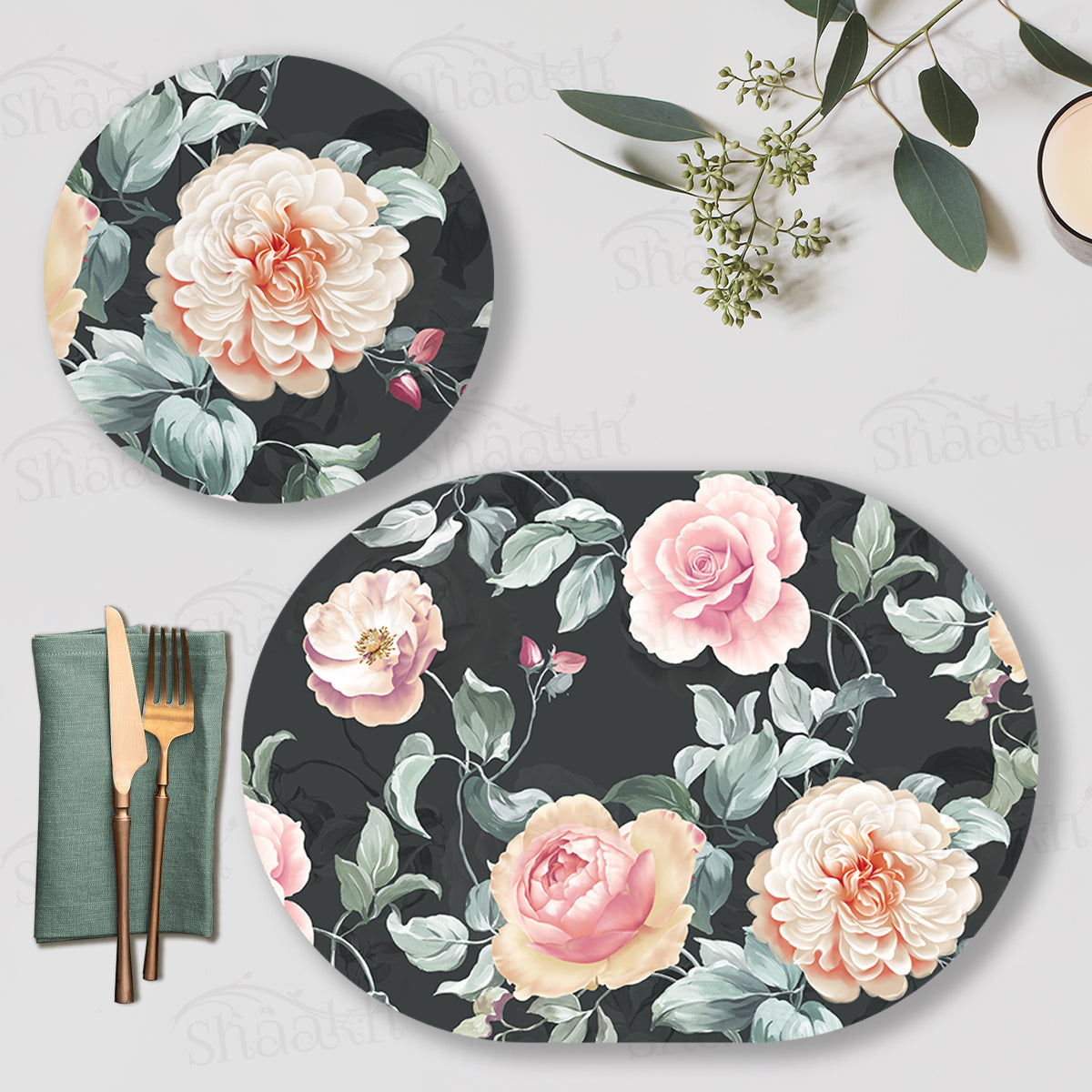 Gorgeous Watercolour Roses In Full Bloom Coordinated Set — botanical design coordinated dining set by Shaakh, handcrafted in India