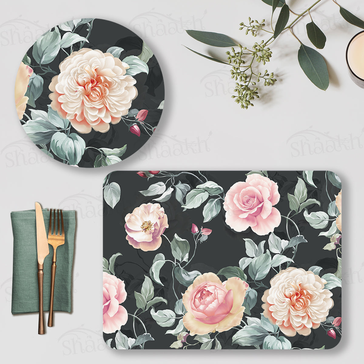 Gorgeous Watercolour Roses In Full Bloom Coordinated Set — botanical design coordinated dining set by Shaakh, handcrafted in India
