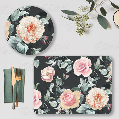 Gorgeous Watercolour Roses In Full Bloom Coordinated Set — botanical design coordinated dining set by Shaakh, handcrafted in India
