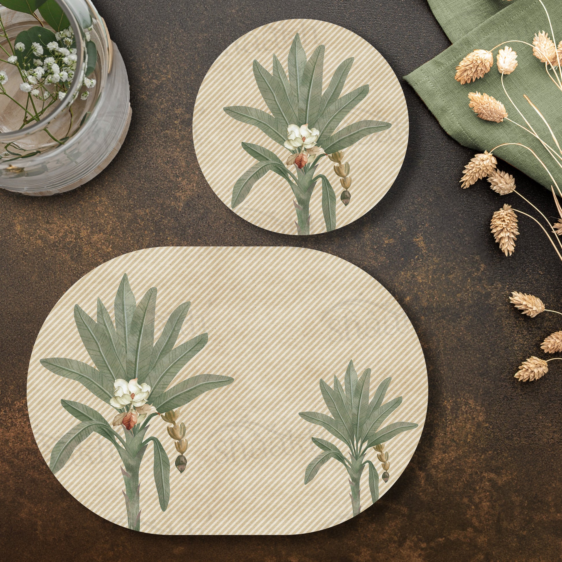 The Tropical Palms Coordinated Set — botanical design coordinated dining set by Shaakh, handcrafted in India