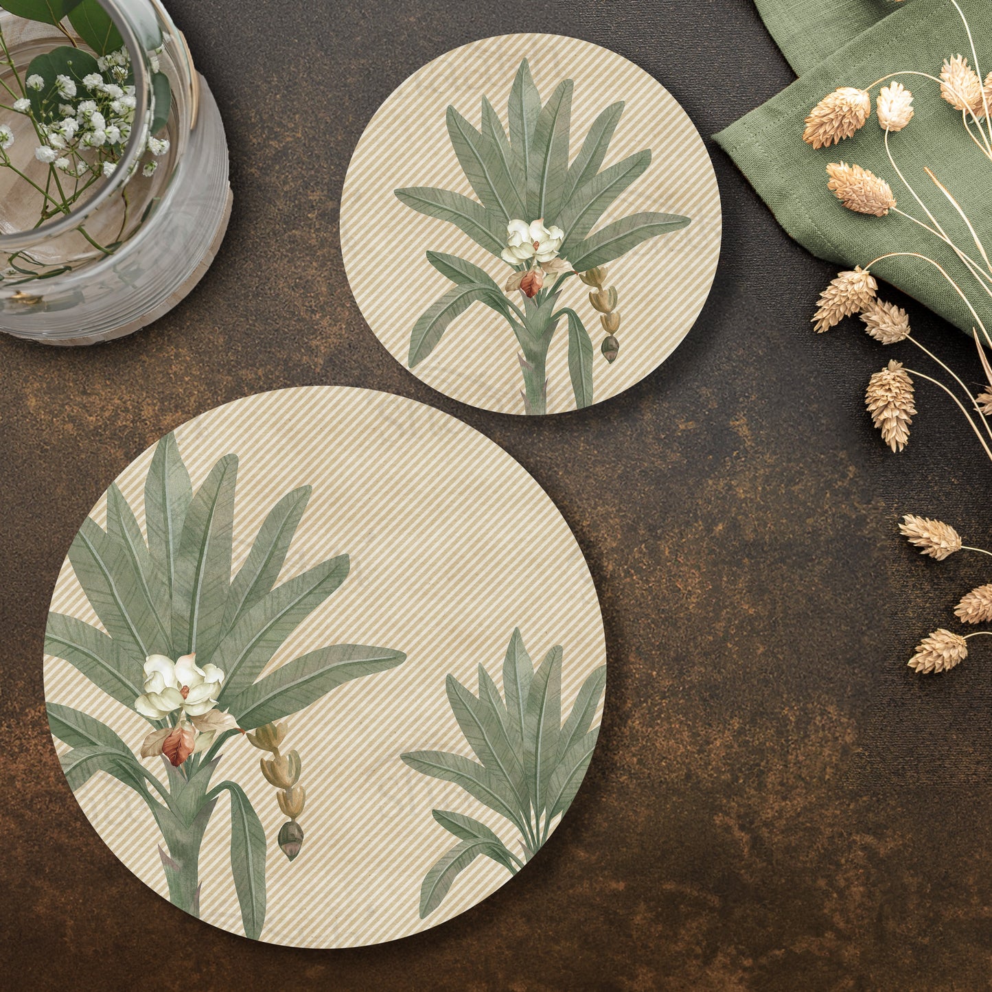 The Tropical Palms Coordinated Set — botanical design coordinated dining set by Shaakh, handcrafted in India